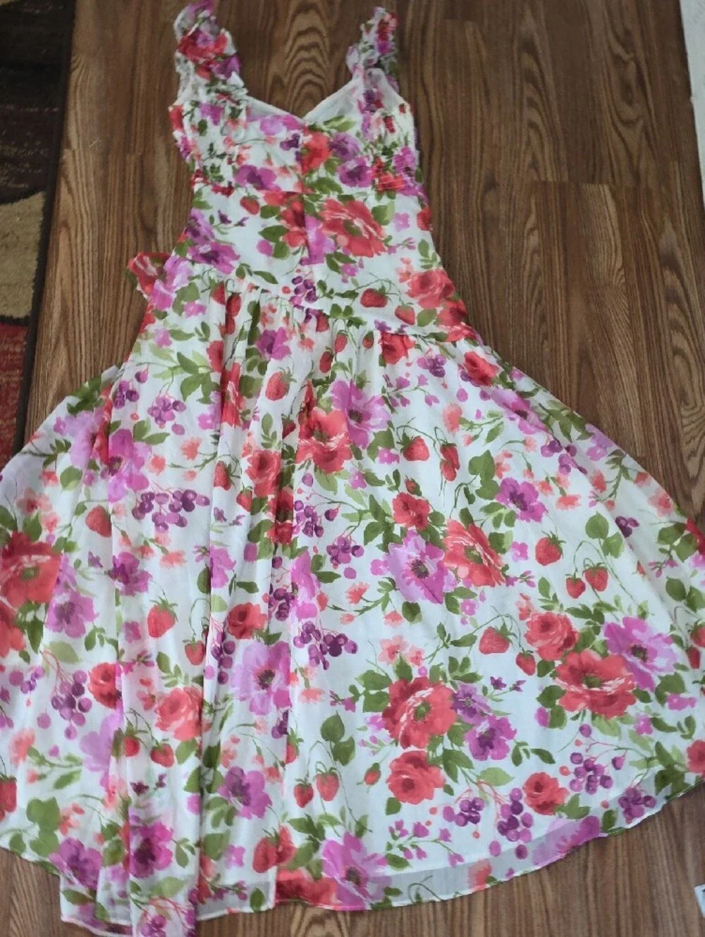 Abercrombie & Fitch White Floral High-Low Dress with Pink & Red Blooms